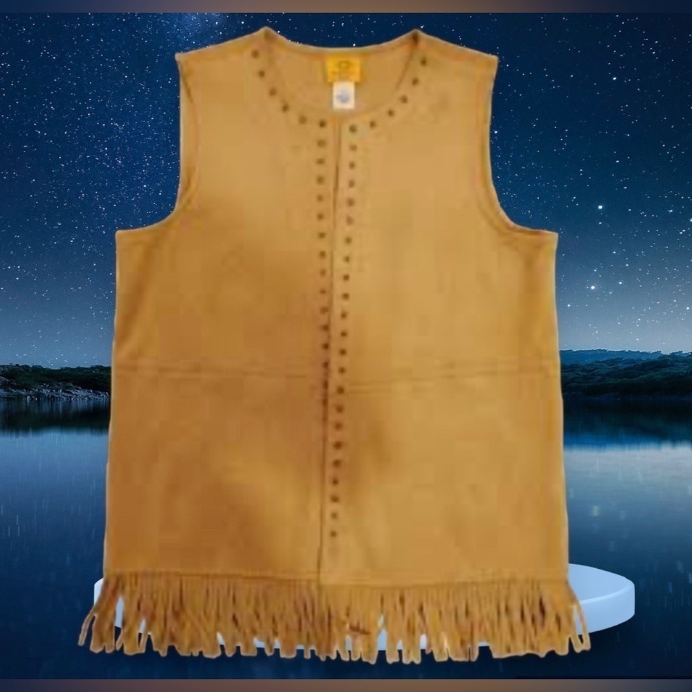 Ruby Rd Suede Fringe Studded tunic Women Brown Faux Open Front Western Regular L